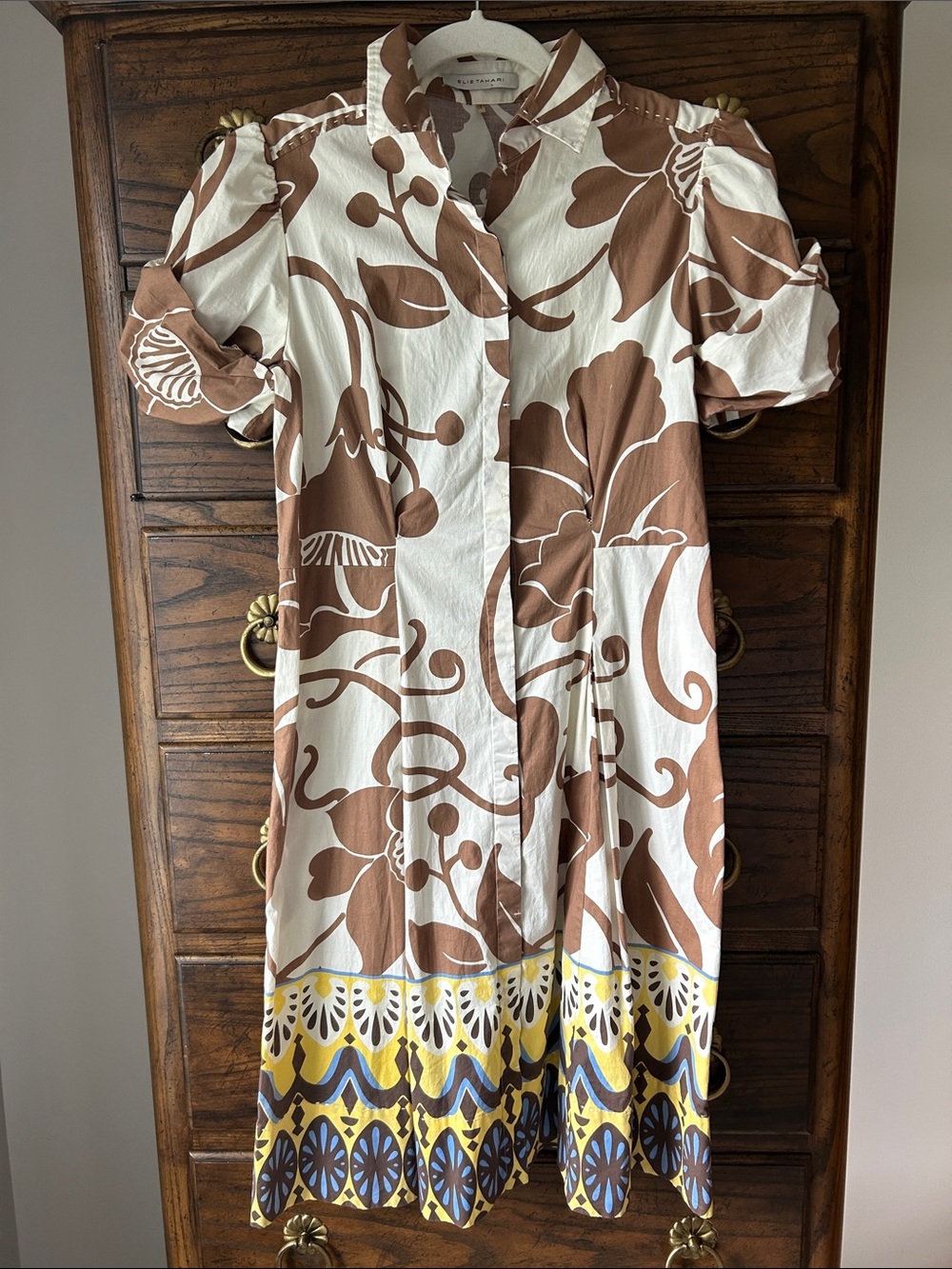 Elie Tahari White and Brown Floral Button-Front Dress with Yellow Border, Size 6
